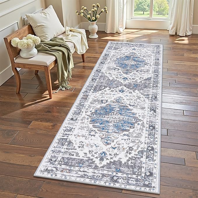Ileading Washable Hallway Runner Rugs, 2x6 Non Slip Runners Area Rug for Entryway Kitchen Bathroom Bedroom Laundry Living Room, Long Narrow Low-Pile Floor Carpet Boho Vintage Throw Mat for Kids Room ﻿
