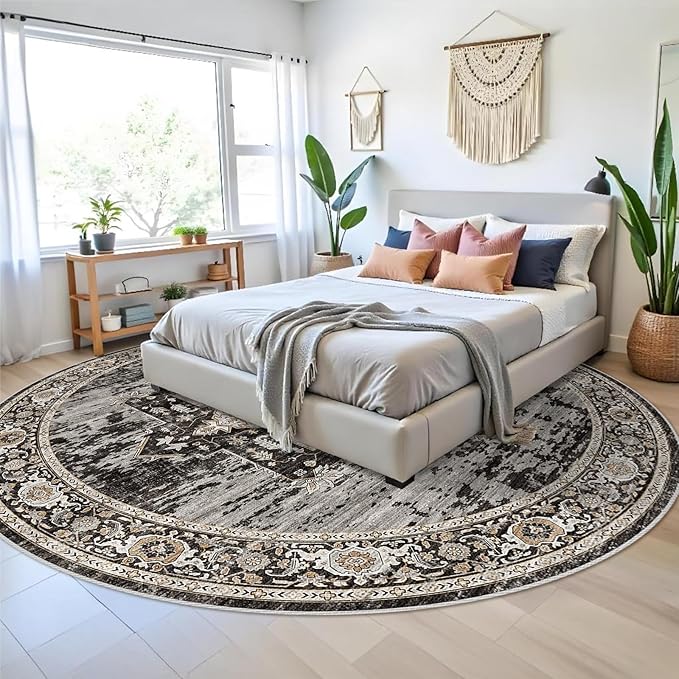 RUUGME Washable 9ft Round Rug - Large Boho Rugs for Living Room Stain Resistant Carpet Vintage Tribal Rugs for Bedroom Kitchen Dining Room with Non Slip Backing Decor Floor Mat 9ft Black