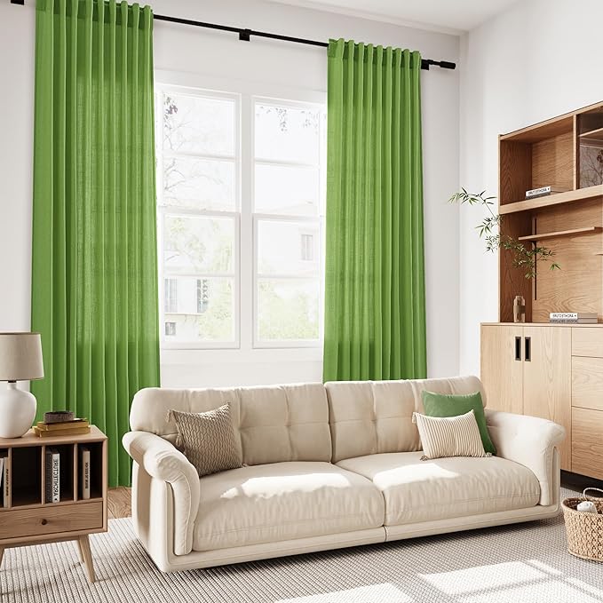 Nanspring Lime Green Linen Blend Light Filtering Back Tab Curtains 102 Inches Long, Semi Sheer Privacy Drapes for Living Room & Bedroom, 52x102 inch, 2 Panels