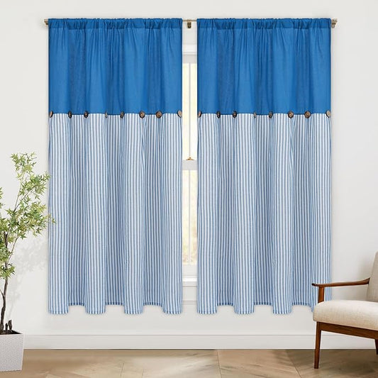 ASPMIZ Farmhouse Living Room Curtains Boho, Country Linen Curtains with Rustic Buttons, Rod Pocket & Back Tab Lake Blue Striped Curtain for Bedroom Window Curtain Home Decor, 52 x 63 Inch, 2 Panels