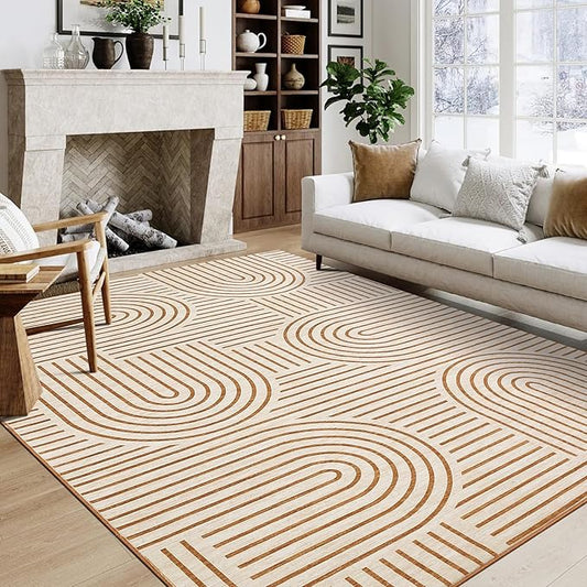 ROYHOME Washable Rug 5x7 Area Rugs for Living Room, Abstract Rug for Bedroom, Soft Rainbow Non Slip Throw Rugs with Rubber Back, Low Pile Stain Resistant Boho Geometric Carpet for Dining Room,Orange