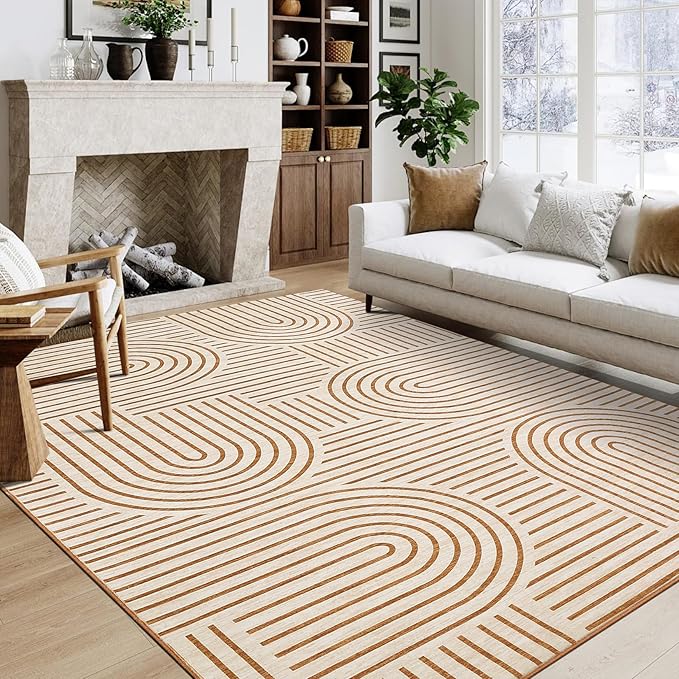 ROYHOME Washable Rug 10x13 Area Rugs for Living Room, Abstract Rug for Bedroom, Soft Rainbow Rugs with Rubber Back, Low Pile Stain Resistant Boho Geometric Rug for Dining Room, Orange