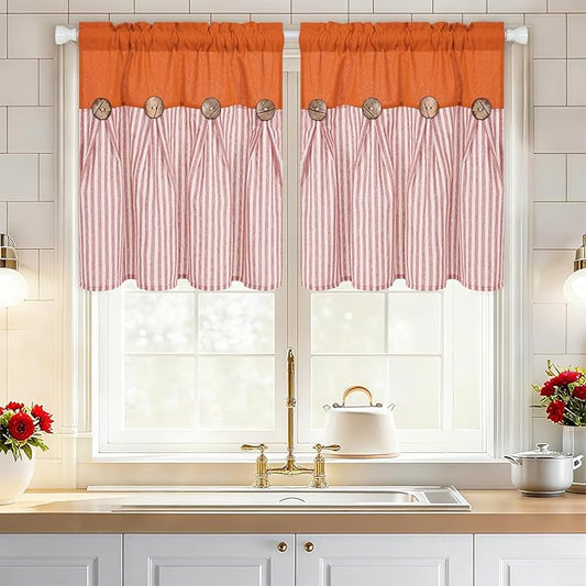 ASPMIZ Linen Kitchen Curtains 24 Inch Length, Farmhouse Boho Button Kitchen Window Curtain Over Sink, Orange Striped Short Curtains for Small Windows, Bathroom, Rod Pocket Window Treatment Tiers
