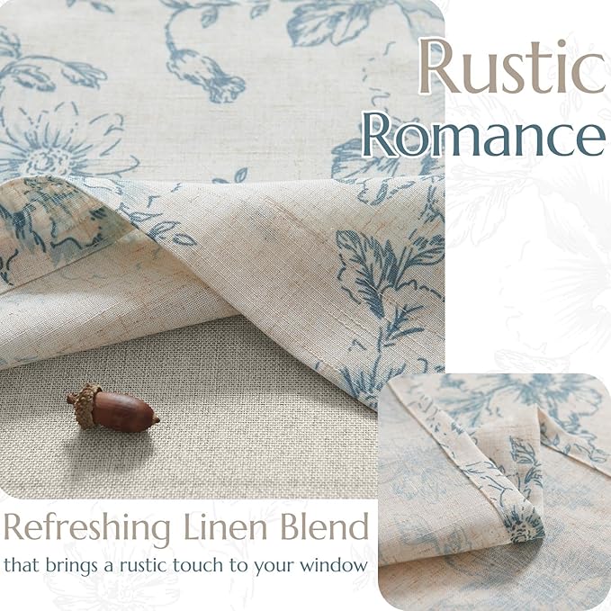 jinchan Linen Floral Valance Double Layer Kitchen Window Curtain Blue Flower on Beige Valance for Living Room Cafe Farmhouse Light Filtering Rustic Country Curtain 18 Inch Rod Pocket 1 Panel