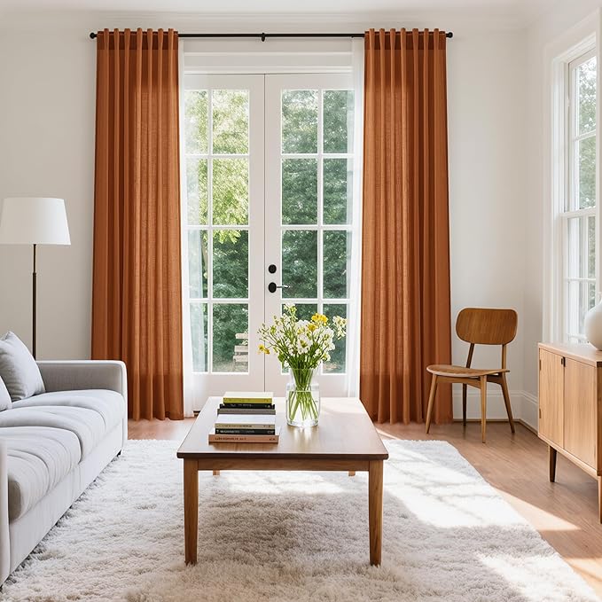 Desert Orange Linen Textured Curtains 96 Inch 2 Panels for Bedroom Back Tab Rod Pocket Sheer Light Filtering Boho Room Decor Aesthetic Burlap Look Curtain Drapes 8Ft 52x96