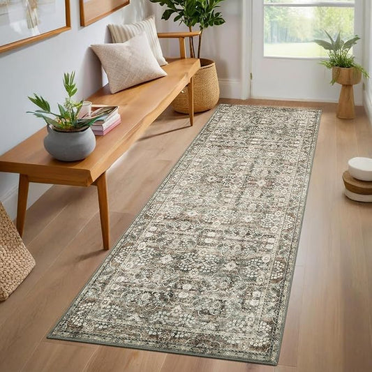 GarveeHome Runner Rug 2x6 Washable Vintage Floral Bathroom Rugs, Non Slip Low Pile Oriental Accent Carpet, Foldable Retro Runners for Hallways, Entryway, Laundry, Kitchen, Camel