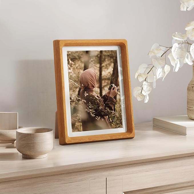 Fun Memories 6x8 Picture Frame, USA-Sourced Teak Wood Photo Frames with HD Tempered Glass, Handcrafted Rounded Corner 6 x 8 Wooden Frames Matted to 5x7 Photos, 6x8 Frame, Tabletop or Wall Display