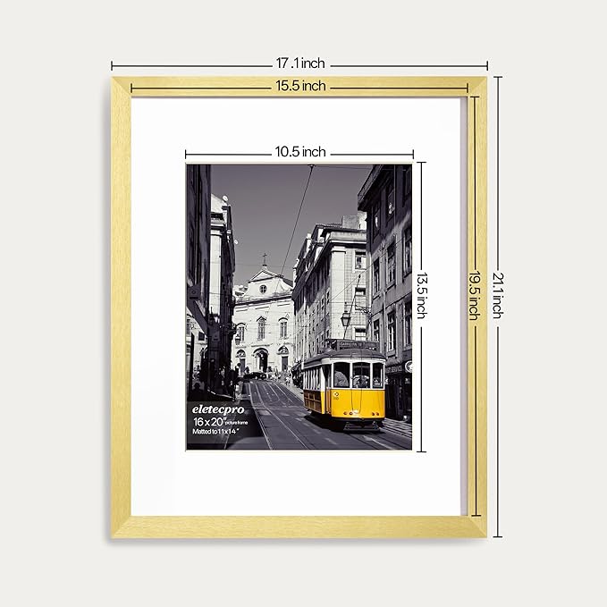 eletecpro 16x20 Picture Frames Set of 5, Gallery Wall Frames Display 11x14 Photo with Mat or 16x20 without Mat, Picture Frame Collage Wall Decor for Wall Mounting, Gold