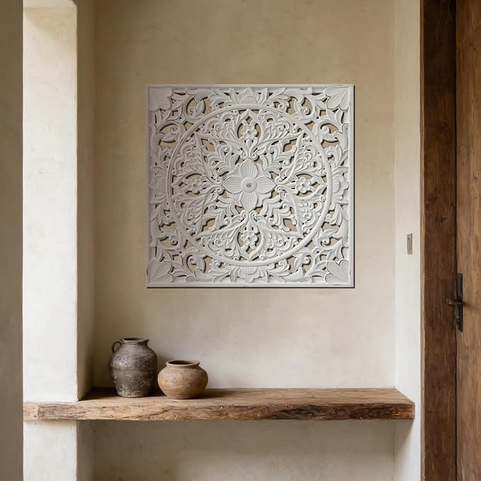 XIAOAIKA Boho Carved Wood Wall Sculpture, Intricate Floral Mandala Design with Distressed White Finish, Vintage Farmhouse Wall Art Panel with Solid Wood Frame for Bedroom Entryway (22" x 22")