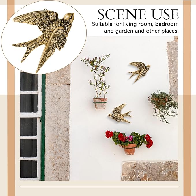 2 Pcs Vintage Bird Wall Sculpture Decor Art 4.7 Inch Antique 3D Sculpted Hanging Bird Resin Wall Art Golden Brass Floating Ornament for Living Room Garden Outdoor, Gifts for Couples Housewarming