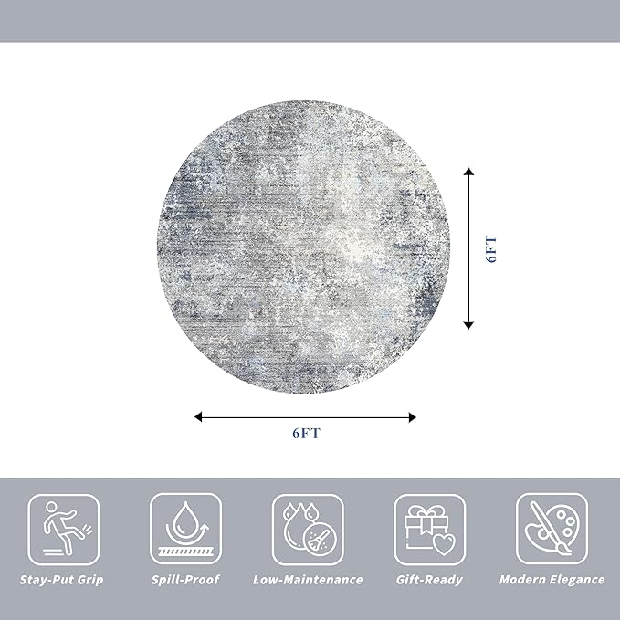 Round Area Rug 6ft Washable - Non-Slip Circle Rug for Living Room Kitchen Table,Dining Room,Bedroom - Modern Abstract Neutral Low Pile Soft Circular Carpet (Blue Gray,6x6)