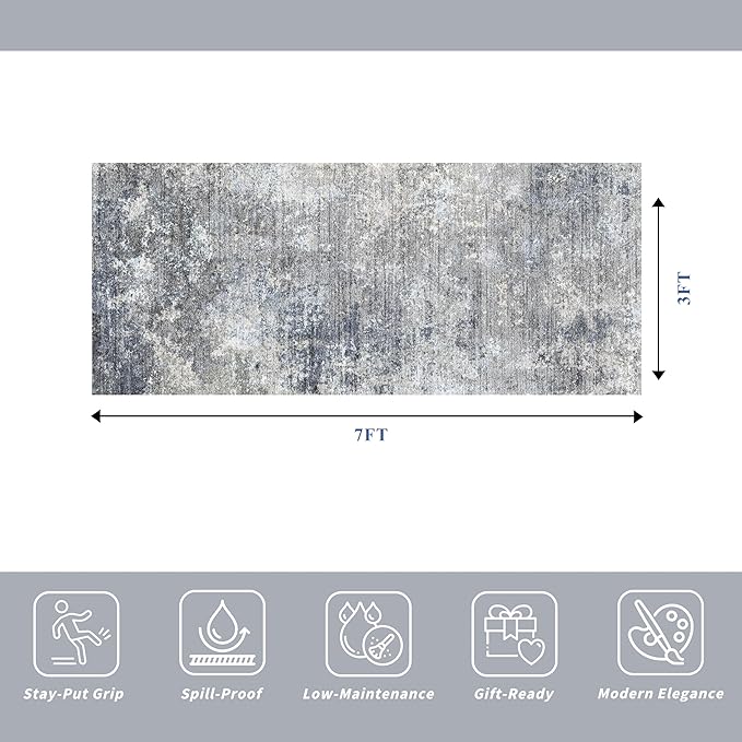 3x7 Kitchen Runner Rug – Washable Non-Slip Modern Abstract Neutral Carpet for Hallway, Entryway, Bedroom, Bathroom – Low-Pile Thin Stain-Resistant Wide Floor Runner (Blue Grey,3x7)