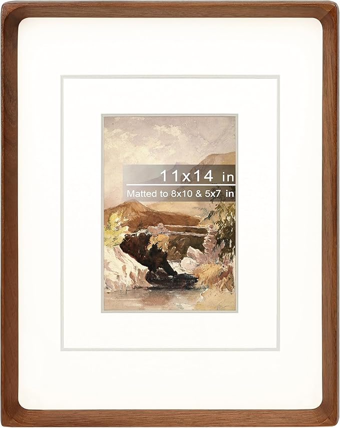 11x14 Picture Frame with Mat for 5x7/8x10, Natural Walnut Wood Handcrafted Rounded Corner with Real Glass, Vertical or Horizontal Display Photo Gallery Wall Mounting Frame