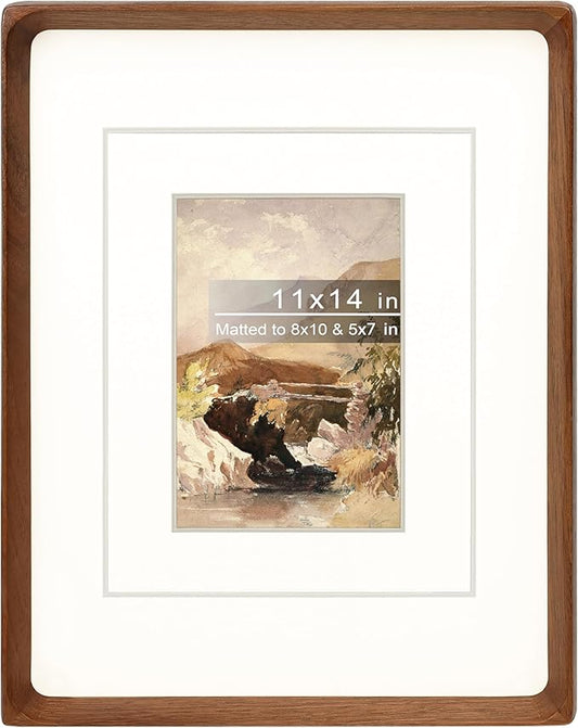 11x14 Picture Frame with Mat for 5x7/8x10, Natural Walnut Wood Handcrafted Rounded Corner with Real Glass, Vertical or Horizontal Display Photo Gallery Wall Mounting Frame