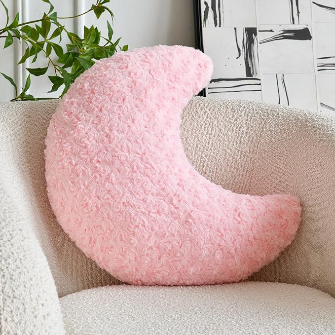 Moon Pillow, Decorative Throw Pillow with Soft Faux Fur for Couch Bed Sofa, Cute Half Moon Pillows with Room Decor for Bedroom Living Room (19 Inches, Pink)