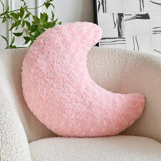 Moon Shaped Pillow with Soft Faux Fur for Couch, Bed, Sofa - Cute Half Moon Pillows with Room Decor for Bedroom, Living Room (14.9 Inches, Pink)
