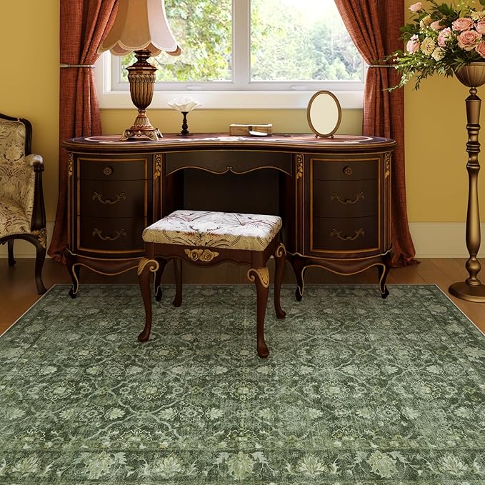 Hedlive 5x7 Area Rugs for Bedroom, Washable Green Living Room Rug Non Slip, Soft Low Pile Moroccan Rug, Boho Emerald Carpet for Dining Guest Room Office Playroom Nursery (5'x7', Dark Green)