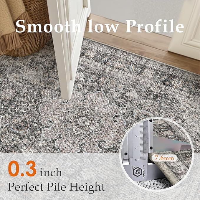 9x12 Washable Area Rug Black Grey Vintage Non Slip Soft Medium Pile Rug for Living Room Bedroom Dining Room Office Distressed Oriental Indoor Large Throw Carpet for Home Decor