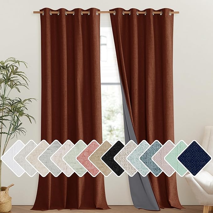 NICETOWN 100% Absolutely Blackout Linen Curtains with Thermal Insulated Liner, 52" Wide, 2 Panels, 95 inches Long Drapes, Grommet Retro Burnt Orange Linen Curtains Vertical Drapes Privacy for Bedroom