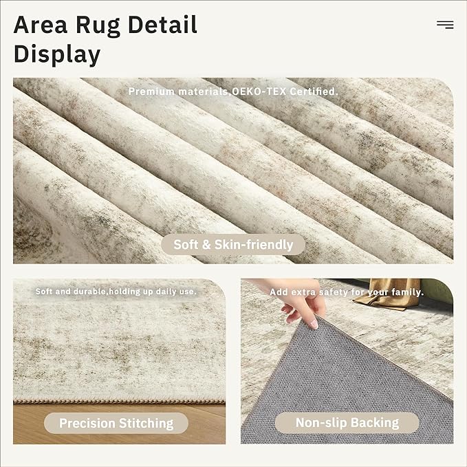 Soalmost 3x5 Rug, Small Area Rug for Kitchen, Entryway, Machine Washable Non-Slip Throw Rug, Vintage Carpet for Nursery Coffee Table Beige/Gray