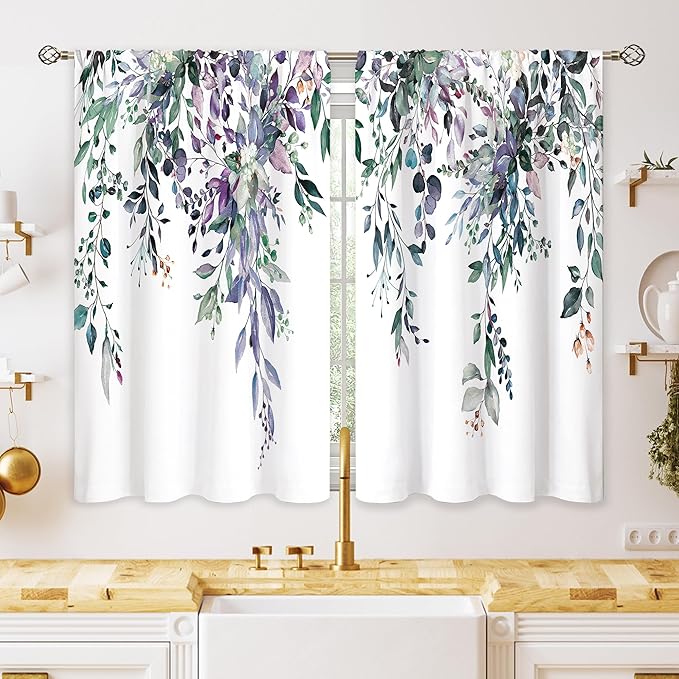 Blue Purple Eucalyptus Botanical Leaves Floral Small Kitchen Curtains Flower Window Treatment Wildflower Plant Cafe Short Window Curtains for Bathroom Room Tier Treatment Drape 26x36 inch