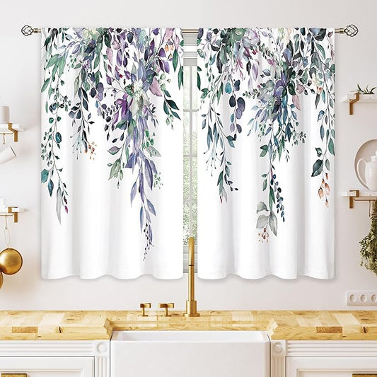 Blue Purple Eucalyptus Botanical Leaves Floral Small Kitchen Curtains Flower Window Treatment Wildflower Plant Cafe Short Window Curtains for Bathroom Room Tier Treatment Drape 26x36 inch
