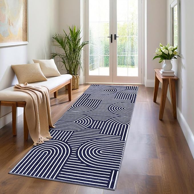 ROYHOME Modern Rug 2.5x10 Runners for Hallways, Abstract Kitchen Runner Rugs Non Slip Bath Mat, Rainbow Washable Runner Rug for Bedroom, Soft Long Rugs for Entryway Bathroom Laundry Dorm, Blue