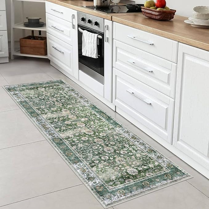 KUTA Runners for Hallways 2x6, Vintage Floral Rug Non-Slip Washable Kitchen Rugs Green Ultra Thin Soft Printed Retro Distressed Flower Carpet Entryway Rugs for Bedroom Laundry Nursery