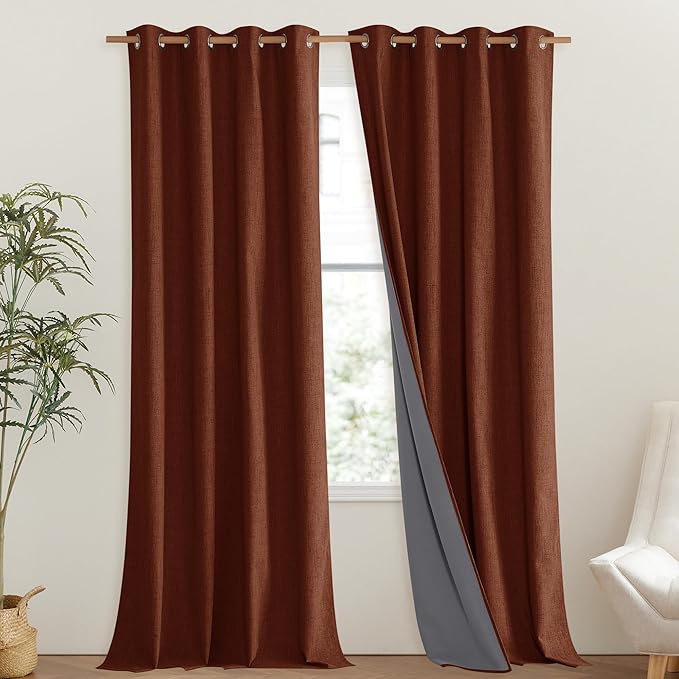 NICETOWN 100% Absolutely Blackout Linen Curtains with Thermal Insulated Liner, 52" Wide, 2 Panels, 95 inches Long Drapes, Grommet Retro Burnt Orange Linen Curtains Vertical Drapes Privacy for Bedroom