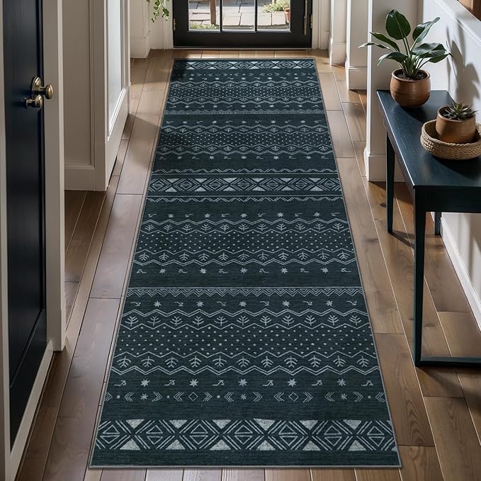 SERISSA 2x5 Kitchen Runner Rug, Washable Non-Slip Grey Boho Rug, Soft Low-Pile Geometric Indoor Carpet for Hallway Laundry Room Bathroom Bedroom Entryway