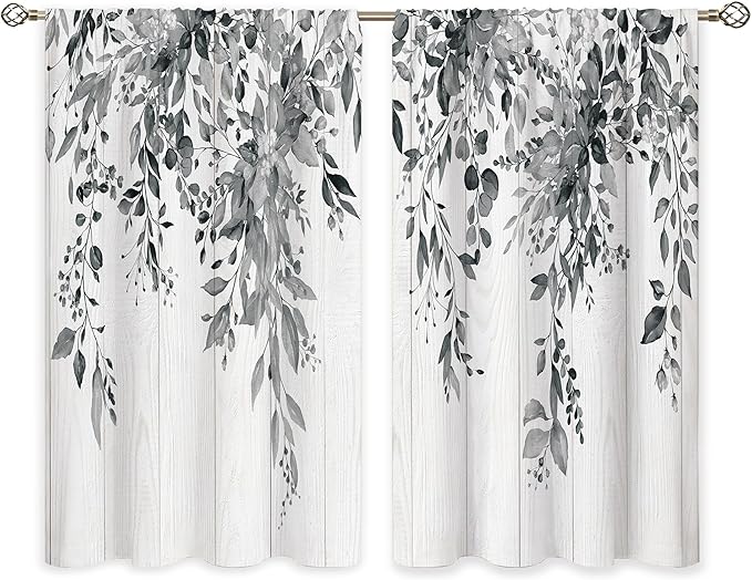 Farmhouse Wooden Grey Eucalyptus Botanical Leaves Floral Window Curtains Rustic Flower Plant Wildflower Farmhouse Curtain Drapes Herb Curtains for Bedroom Living Room Treatment 42Wx45H Inch