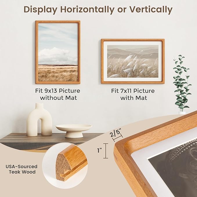 Fun Memories 9x13 Picture Frame, USA-Sourced Teak Wood Photo Frames with HD Tempered Glass, Handcrafted Rounded Corner 9 x 13 Wooden Frame Matted to 7x11 Photos, 9x13 Frames, Tabletop or Wall Display