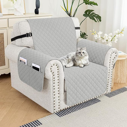 XINEAGE Quilted Chair Sofa Cover Waterproof Chair Covers for Armchair, Super Soft Washable Slipcover with Pockets & Non-Slip Elastic Straps, Thick Furniture Protector (Light Grey)