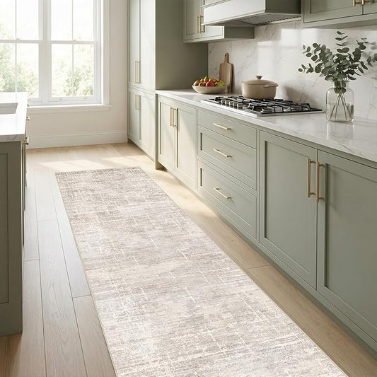 2x8 Washable Kitchen Runner Rug - Modern Abstract Neutral Carpet with Non-Slip Backing Low-Pile Stain-Resistant Thin Runners for Hallway Bathroom Bedroom Entryway (2x8, Beige)