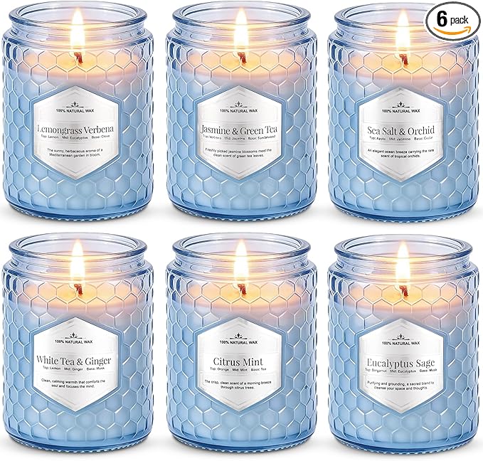 Lake Blue Candles for Home Scented, 6 Pack of 5.5 Oz Natural Soy Wax Candles in Decorative Glass, Home Aromatherapy Gifts Sets for Women Birthday Christmas Refresh & Relaxation