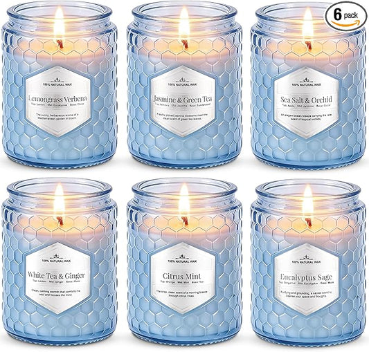 Lake Blue Candles for Home Scented, 6 Pack of 5.5 Oz Natural Soy Wax Candles in Decorative Glass, Home Aromatherapy Gifts Sets for Women Birthday Christmas Refresh & Relaxation