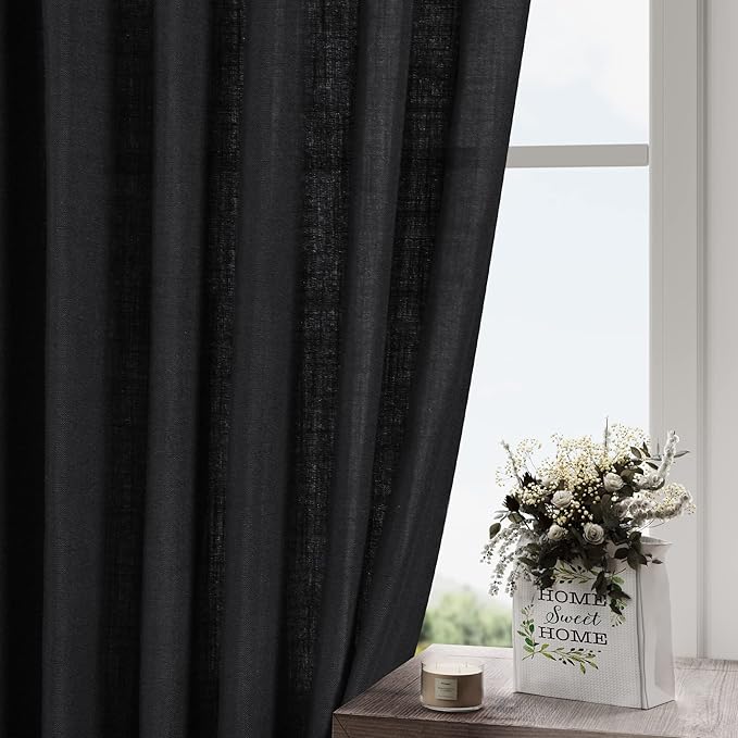Nanspring Black Linen Sheer Curtains 54 Inch Length 2 Panel Set Back Tab Pocket Semi Sheer Light Filtering Short Curtain Soft Elegant Aesthetic Small Window Drapes for Bathroom 52x54 inches Long