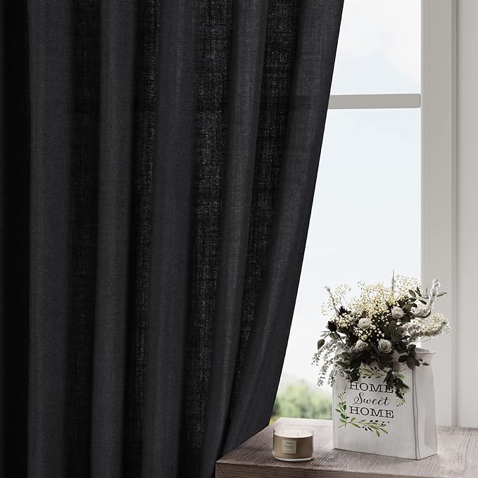 Nanspring Extra Wide Linen Curtains for Living Room 108 Inch Length for Room Divider Black Rustic Farmhouse Drape Rod Pocket Back Tab Light Filtering Bedroom Window Curtain for Sliding Door 100x108