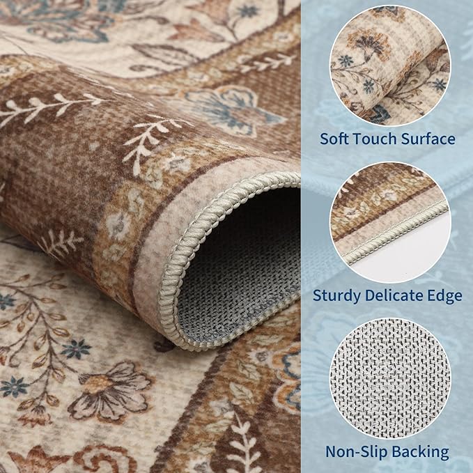 GarveeHome 5x7 Area Rug French Brown Washable Rugs for Living Room Bedroom, Soft Low Pile Non Slip Accent Floor Mat Botanical Floral Print Throw Rug Indoor Carpet Dining Room Playroom