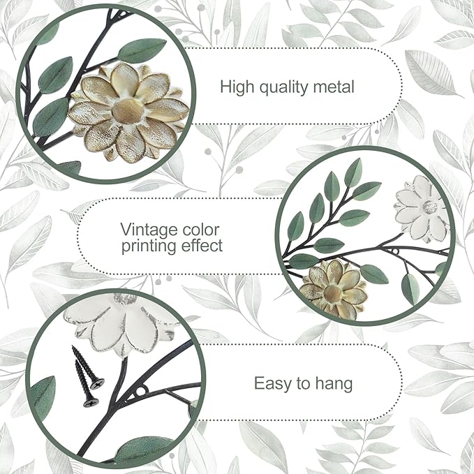 MorningRo 2 Pcs Metal Flower Leaves Wall Art Spring Wall Decor Living Room, 15.75 Inch Vintage Rustic Branch Leaf Wrought Iron Scroll Art Decor for Spring Bedroom Indoor Outdoor Decorations(Green)
