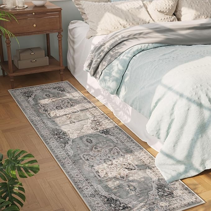 Rugcomf Vintage Medallion Kitchen Runner 2'x6' - Machine Washable Rug, Non-Slip Low Pile Boho Carpet for Hallways, Laundry, Bedroom, Bathroom - Grey and White