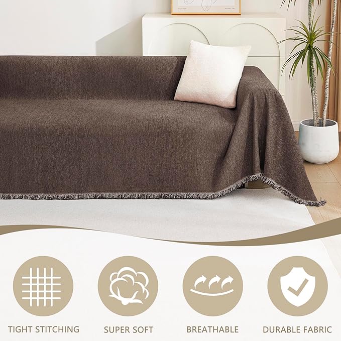 MYSKY HOME Loveseat Cover Deep Chocolate Couch Cover Sectional Couch Covers for 2 Cushion Couch Sofa Thick Universal Chenille Sofa Cover with Tassel Durable Furniture Protector for Dogs 91" x 118"