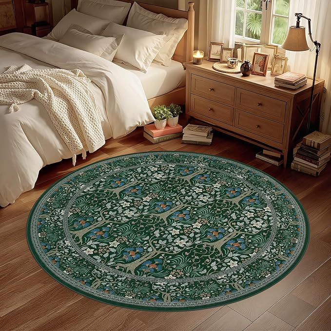 Joydeco Washable Round Area Rug for Living Room Bedroom, Soft Round Rugs 5ft Ultra-Thin Non-Slip, Vintage Throw Circle Carpet for Bathroom Kitchen Nursery,Dark Green Floral Décor