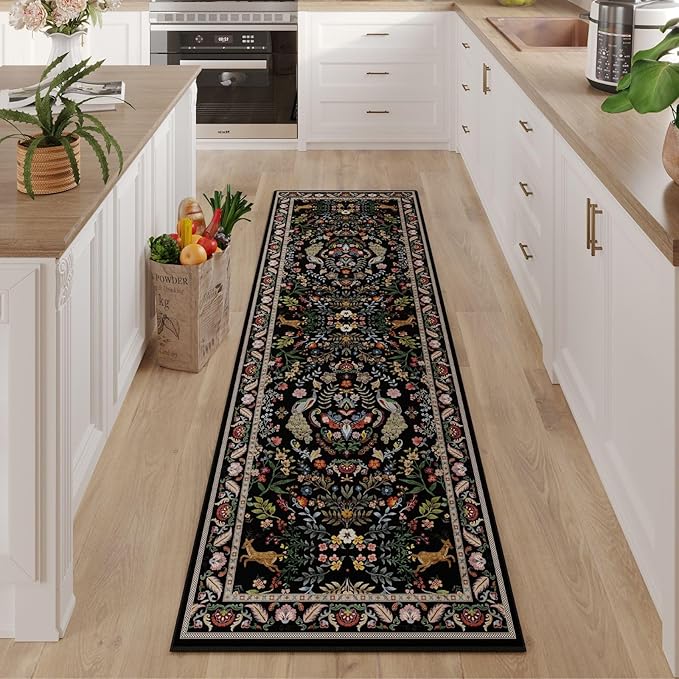 Rugcomf 2x5 Runner Rug - Floral Machine Washable Kitchen Rug, Non-Slip Low Pile Boho Carpet for Hallways, Laundry, Entryway, Bedroom, Bathroom - Vibrant Black