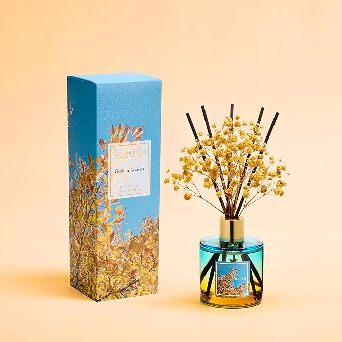 COCORR??NA Reed Diffuser - Golden Leaves Reed Diffuser Set with 8 Sticks & Preserved Baby's Breath, Reed Diffuser for Home Bathroom Shelf Decor