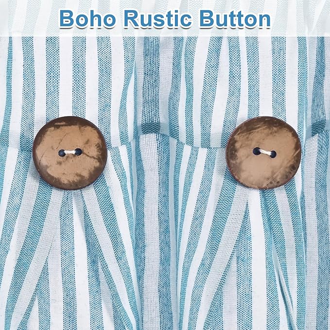 ASPMIZ Farmhouse Cotton Linen Valances for Windows, Blue Striped Kitchen Curtains Valances with Rustic Buttons, Boho Window Valance for Living Room, Valance Curtains for Bathroom, 52 x 18 Inches