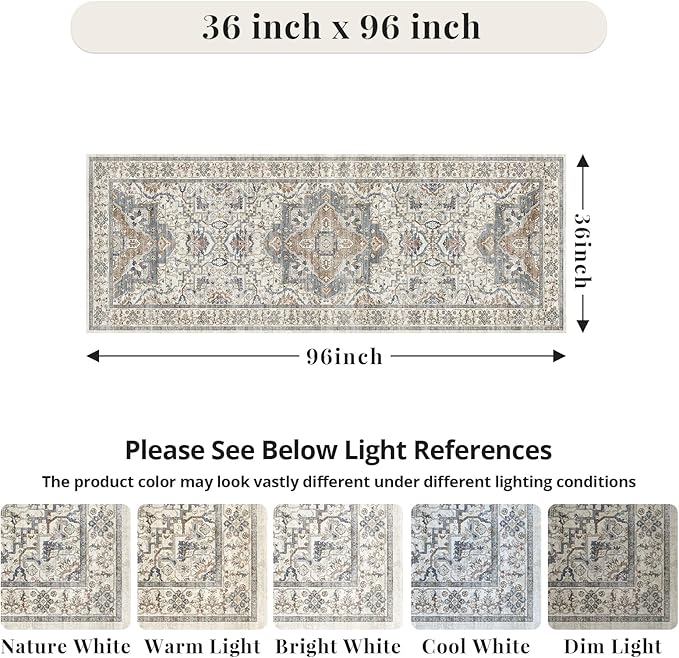 Washable Hallway Runner Rug - 3x8 Floor Carpet Rug Distressed Low Pile Mats Non Slip Soft Rugs for Dining Room with Rubber Backing Bedroom Runner with Vintage Design (Beige/Blue 3x8)