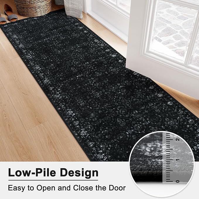 Hedlive Vintage Black Washable Hallway Runner Rug, 2.6x8 Non Slip Runnersfor Hallways Entrance Indoor,Extra Long Kitchen Rug Runner, Soft Floor Carpet for Entry Laundry Bedroom (2'6"x8', Black)