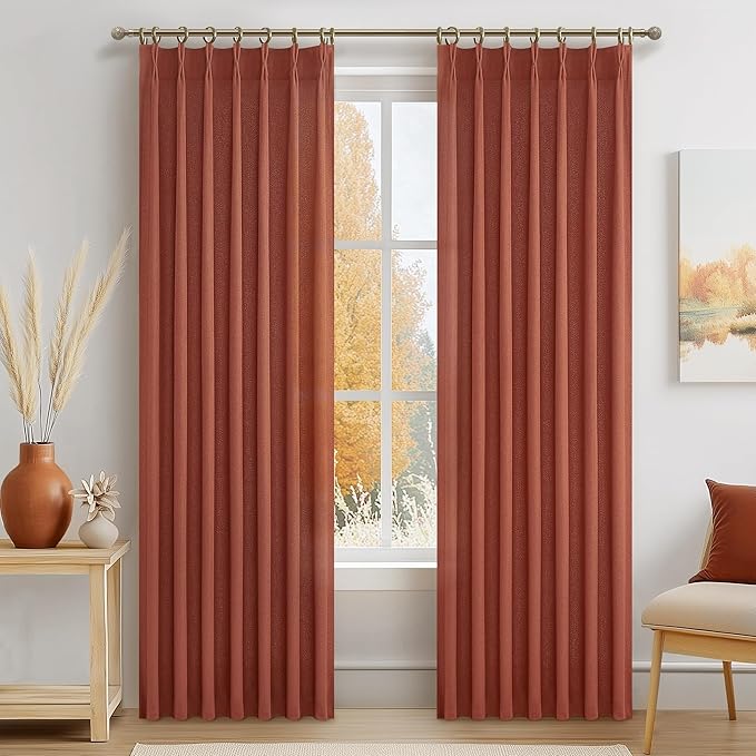 Burnt Orange Flax Linen Sheer Curtains 84 Inches Long for Living Room, Country Cottage Core Pinch Pleated Light Filtering Semi Through Drapes 84 Inch Length 2 Panels for Dining Room Fall Window Burg