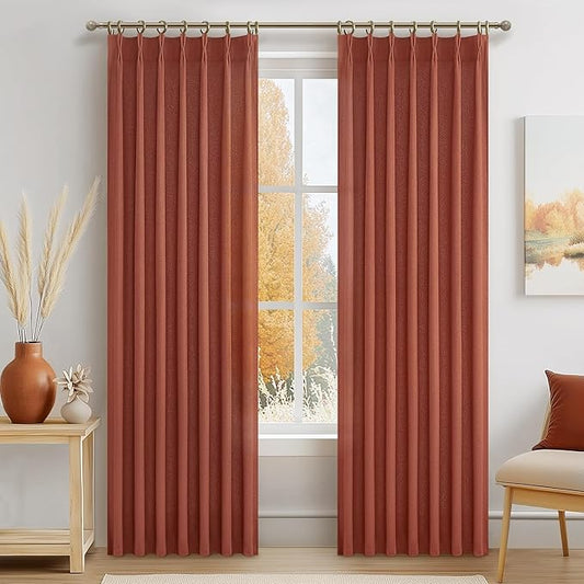 Burnt Orange Flax Linen Sheer Curtains 84 Inches Long for Living Room, Country Cottage Core Pinch Pleated Light Filtering Semi Through Drapes 84 Inch Length 2 Panels for Dining Room Fall Window Burg